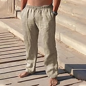 cheap Holiday-Men&#039;s Linen Pants Trousers Summer Pants Beach Pants Pocket Drawstring Elastic Waist Plain Comfort Breathable Vacation Daily Holiday Hawaiian Boho Black Navy Blue