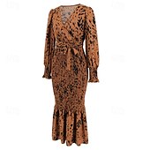 preiswerte abendkleider-Damen Midikleid Cocktailkleid Etui-Kleid Mode Urlaub Ferien Teegesellschaft Normale Passform Leopard Langarm V Ausschnitt Schwarz Khaki Aprikose Sommer