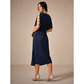 abordables Robe Simple-Femme Robe mi-longue Robe en maille Elégant mode Soirée Rendez-vous Standard Couleur unie Manche Courte Col V bleu marine Eté