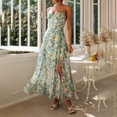 economico Abiti casual floreali-Per donna Abito Midi Abito da laurea Abito Floreale Abito Sottoveste Moda Compleanno Data Uscire Vestibilità regolare Fiore Senza Maniche Spalline sottili Verde Estate