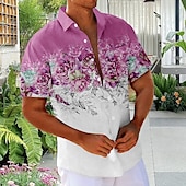 preiswerte Blumenmuster-Herren Blumendruck Blumen Hemd Sommer Hawaiihemd Knopfhemd Kurzarm Hawaiianisch Urlaub Ferien Strandbekleidung Sommer Umlegekragen 3D-Druck Eine Tasche vorne Leinenähnliches Hemd Rosa Blau Grün