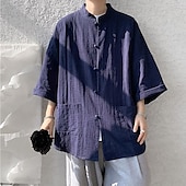 economico Casual da lavoro-Per uomo Camicia Camicia di lino Camicia casual Camicia con Bottoni Camicia di cotone Semplice Vacanza Camicia hawaiana Nero Bianco Blu marino Cachi Mezza Manica Colletto alla coreana Estate