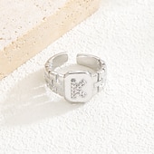 cheap Gifts-Personalized Letter Ring, Gift for Mom, Copper with Zircon Alphabet Ring, Vintage-Style Chain Design, Adjustable Open Band, Minimalist Aesthetic Jewelry for Women