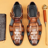 cheap Premium Leather Sandals-Luxury Men&#039;s Brown Leather Fisherman Sandals - Elegant Dress Footwear with Woven Straps