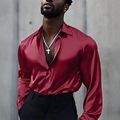 preiswerte Satinhemden für Herren-Herren Hemd Satinhemd Freizeithemd Knopfhemd Einfach Hochzeit Urlaub Schwarz Weiß Wein Blau Langarm Revers Frühling &amp; Herbst Bekleidung Knöpfe