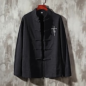 お買い得  ビジネスカジュアル-男性用 リネンシャツ カジュアルシャツ ボタンアップシャツ 平織り バケーション ストリート ブラック ホワイト ダークネイビー ベージュ 長袖 グランダッドカラー 春夏 衣類 ポケット