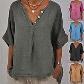 economico Camicie-Per donna Camicia Blusa Camicie di cotone e lino Semplice Essenziale Moderno Casual Mezza Manica Scollo a V Top Regolari Quotidiano Ferie Uscire Bottoni Nero Giallo Rosa Grigio Azzurro Estate