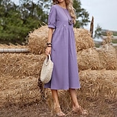 abordables Robes-Femmes Robe Midi Robes inspirées du lin Robe Décontractée Robe en coton et lin Mode Basique Extérieur Quotidien Fête Coupe régulière Uni Manche Courte Col ras du cou Vert Claire Vert Véronèse Violet