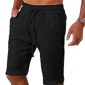 cheap Classic-Men&#039;s Shorts Linen Shorts Summer Shorts Beach Shorts Drawstring Elastic Waist Plain Comfort Breathable Knee Length Outdoor Daily Beach Fashion Classic Style Black White