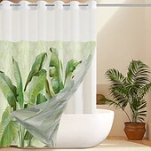 baratos Cortinas de Banho-Cortina de Chuveiro Texturizada em Malha de Waffle com Folhas com Forro Removível e Janela Transparente Repelente à Água em Poliéster Topo com Ilhós 120GSM Qualidade de Hotel Estilo Spa Divisão de