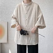 economico Casual da lavoro-Per uomo Camicia Camicia di lino Camicia casual Camicia con Bottoni Camicia di cotone Semplice Vacanza Camicia hawaiana Nero Bianco Blu marino Cachi Mezza Manica Colletto alla coreana Estate