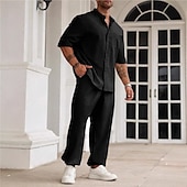 preiswerte Herren Basic Hemden Sets-Herren Zweiteilig Hemd Set Sommer-Set Passende Sets Freizeithemd Einfach Urlaub Täglich Schwarz Beige Grau Kurzarm Kragen Sommer Bekleidung