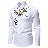 economico camicia da uomo con bottoni-Per uomo Camicia Camicia estiva Maglietta informale Camicia da spiaggia Camicia con bottoni Nero Bianco Manica lunga Floreale Bavero Da mare Hawaiano Con ricami Abbigliamento Poliestere Di tendenza