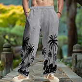 baratos Retrô-Homens Calças de linho Calças Calça verão Calças largas Com Cordão Cintura elástica Perna reta Coqueiro Conforto Respirável Comprimento total Ioga Diário Corrida Moda Retro Vintage Preto Branco
