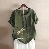 ieftine Cămăși false esențiale-Pentru femei Cămăși Bumbac In Bluză In din bumbac artificial Nasturi Imprimeu Floare Modern Casual Manșon scurt Stil Nautic Topuri obișnuite Concediu Ieșire Alb Galben Verde Militar Trifoi Vară