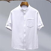 cheap Cotton Linen Shirt-Men&#039;s Shirt Linen Shirt Casual Shirt Button Up Shirt Cotton Shirt Plain Vacation Street Black White Green Short Sleeve Grandad Collar Summer Clothing Apparel Front Pocket