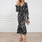 preiswerte abendkleider-Damen Midikleid Cocktailkleid Etui-Kleid Mode Urlaub Ferien Teegesellschaft Normale Passform Leopard Langarm V Ausschnitt Schwarz Khaki Aprikose Sommer