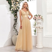 preiswerte Abendkleider-A-Linie Abendkleid Elegant Kleid Abendgesellschaft Abschlussball Bodenlang Ärmellos V Ausschnitt Gürtel / Schärpe Tüll V-Ausschnitt mit Glitzer Stickerei 2025
