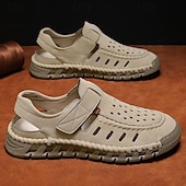 abordables sandalias de exterior-Sandalias beige sin cordones para hombre con diseño perforado y suela acolchada para paseos casuales y ropa de playa.