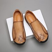 cheap Men&#039;s Slip-ons &amp; Loafers-Men&#039;s Beige Genuine Faux Leather Moccasins – Handmade Stitching Casual Slip-On Driving Shoes for Outdoor &amp; Trave