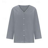 preiswerte Hemden-Damen Bluse Baumwoll-Leinen-Hemden Einfach Basic Modern Dreiviertelarm V Ausschnitt Normale Oberteile Täglich Ferien Ausgehen Knöpfe Schwarz Weiß Rosa Braun Aprikose Sommer