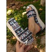 cheap Vacation Sandals-Women&#039;s Bohemian Woven Platform Sandals – Ethnic Print Slip-On Espadrille Wedge Slides for Summer, Beach &amp; Casual Wear