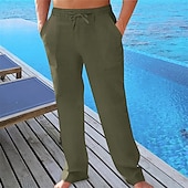 cheap Holiday-Men&#039;s Linen Pants Trousers Summer Pants Beach Pants Pocket Drawstring Elastic Waist Plain Comfort Breathable Vacation Daily Holiday Hawaiian Boho ArmyGreen Black