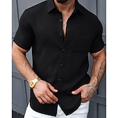 cheap Men&#039;s Button Up Shirts-Men&#039;s Shirt Summer Shirt Casual Shirt Beach Shirt Button Up Shirt Black White Short Sleeve Plain Shirt Collar Vacation Hawaiian Front Pocket Clothing Apparel Polyester Fashion Casual Comfortable