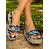 cheap Vacation Sandals-Women&#039;s Bohemian Woven Platform Sandals – Ethnic Print Slip-On Espadrille Wedge Slides for Summer, Beach &amp; Casual Wear