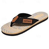 cheap Vacation Sandals-Men&#039;s Fashion Flip-Flops - Red and Black Geometric Pattern with Leather Accents - Casual Beachwear