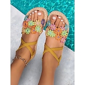 economico Infradito da Vacanza-sandali floreali boho da donna – ballerine con cinturini e fiori ricamati colorati per l&#039;estate, la spiaggia e lo stile casual all&#039;aperto