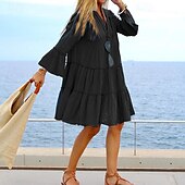 preiswerte Kleider aus Baumwolle und Leinen entwerfen-Damen Minikleid Baumwoll-Leinen-Kleider Baumwoll-Leinenkleid Mode Modern Urlaub Täglich Ausgehen Normale Passform Einfach Langarm V Ausschnitt Schwarz Sommer