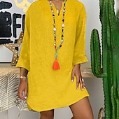 abordables Robes-Femmes Mini Robe Robes inspirées du lin Robe en coton et lin Mode Basique Classique Quotidien Sortir Week-end Coupe régulière Uni manche longue Col en V Blanche Jaune Vert Véronèse bleu marine Été