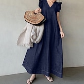 abordables Robes-Femmes Robe Midi Robes inspirées du lin Robe en jean Robe en coton et lin Mode Classique Moderne Quotidien Sortir Plage Coupe régulière Uni Manche Courte Col en V Noir Bleu de minuit Bleu clair Été