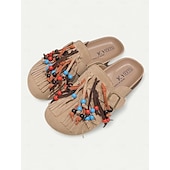 billiga Lätta damskor-damfransar med pärlor – solbrända mocka slip-on loafers med färgglada tofsar och spänne för boho-stil, avslappnade utflykter och sommarfestivaler