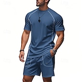 abordables survêtement et sweat à capuche pour hommes-Homme Ensemble Survetement T-shirt et short Ensemble de tenues Col ras du cou Extérieur Quotidien Sports Avec Poches Cordon de serrage Uni Noir Marron Gris Claire Polyester Tenues de Sport Streetwear