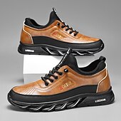 billiga Herrsneakers-robusta utomhusskor för män i brun och svart, slitstark konstläderkonstruktion med sicksacksula för bättre grepp