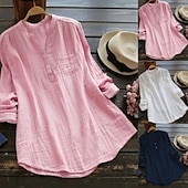 economico Camicie-Per donna Camicia Camicie ispirate al lino Blusa Semplice Essenziale Moderno Manica Lunga Scollo a V Top Regolari Quotidiano Uscire Bottoni Tasca Bianco Rosa Blu marino Estate