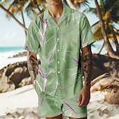 olcso Férfi nyomtatott ingkészletek-Férfi Fák / falevelek 2db Ingek készletek Hawaii ing Rövid ujjú Rövid nadrág Kubai nyakörv Szabadság Parti Hétköznapi Napi 3D nyomtatás Nyár Kék tó Ibolya Zöld