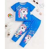 baratos Desenho animado 3D da menina-Para Meninas 3D Unicórnio Conjuntos de pijama Conjuntos de pijama com camiseta e calça Manga Curta Impressão 3D Verão Primavera Ativo Básico Infantil 4 anos + Gola Redonda Casa Diário Normal
