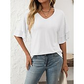 cheap Plain tee-Women&#039;s T Shirt Plain Fashion Modern Short Sleeve V Neck Regular Tops Daily Ruffle Black White Wine Sky Blue Fuchsia Summer