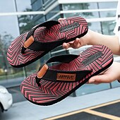 cheap Vacation Sandals-Men&#039;s Fashion Flip-Flops - Red and Black Geometric Pattern with Leather Accents - Casual Beachwear