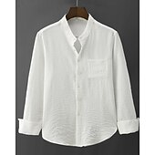 preiswerte Herrenhemd zum Knöpfen-Herren Hemd Sommerhemd Freizeithemd Strandhemd Knopfhemd Weiß Purpur Langarm Einfach Großvaterkragen Stehkragen Urlaub Hawaiianisch Fronttasche Bekleidung Polyester Mode Lässig Bequem