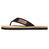 cheap Vacation Sandals-Men&#039;s Fashion Flip-Flops - Red and Black Geometric Pattern with Leather Accents - Casual Beachwear