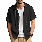 cheap Business Casual-Men&#039;s Shirt White Cotton Shirt Casual Shirt Button Up Shirt Cotton Shirt Plain Vacation Street Black White Khaki Gray Short Sleeve Hooded Summer Clothing Apparel Button-Down