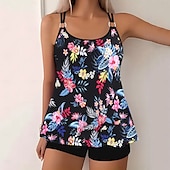 billiga Tankinis-Dam Plusstorlekar Badkläder Tankini 2 st Längre baddräkt Pojkeben Baddräkt Öppen rygg Stickat Hög midja Stylish Sportig Flagga Randig Doppa Ärmlös Baddräkter