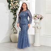 cheap Plus Size Dresses-Mermaid / Trumpet Evening Gown Sparkle Dress Formal Floor Length Long Sleeve Crew Neck Champagne Mother Of the Bride Dress Tulle with Embroidery 2025