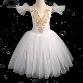 preiswerte Tutu Kleid-Tutu Kleid Kleid Strass Spitze Stickerei Mädchen Leistung Training Ärmellos Hoch Netzstoff Spandex