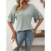 cheap Plain tee-Women&#039;s T Shirt Plain Fashion Modern Short Sleeve V Neck Regular Tops Daily Ruffle Black White Wine Sky Blue Fuchsia Summer