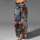 abordables Pantalon uni en coton et lin-Femmes Pantalon en coton et lin Slacks Pantalon palazzo Mode Streetwear Longueur complète Naturel Fleuri Impression Conception à cordon élastique Confortable Extérieur Rue Tenue quotidienne Sortir